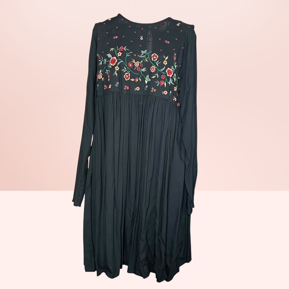 Beachlunchlounge Floral Embroidered Babydoll Dress Boho Small Black Whimsigoth